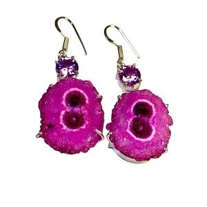 Pink Solar Quartz & Topaz Gemstones in Handmade Silver-Plated  Earrings